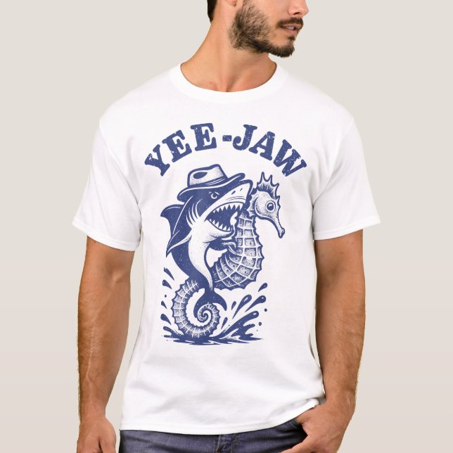 Yee Jaw Shark Cowboy Riding Seahorse Western  T-Shirt (Front)
