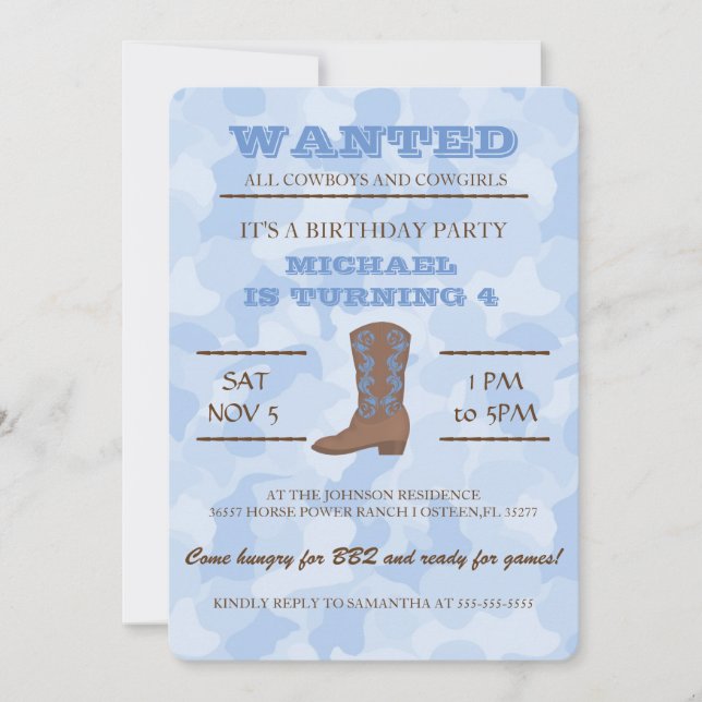 YEEHAW! Blue Cowboy Birthday Party Invitation (Front)