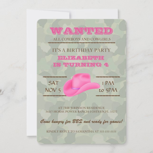 YEEHAW! Pink Cowgirl Birthday Party Invitation (Front)