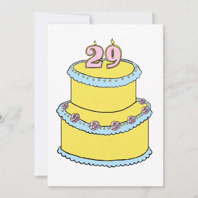 Yellow 29th Birthday Cake with Pink Roses Invitation (Front)