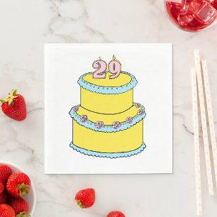 Yellow 29th Birthday Cake with Pink Roses Napkin