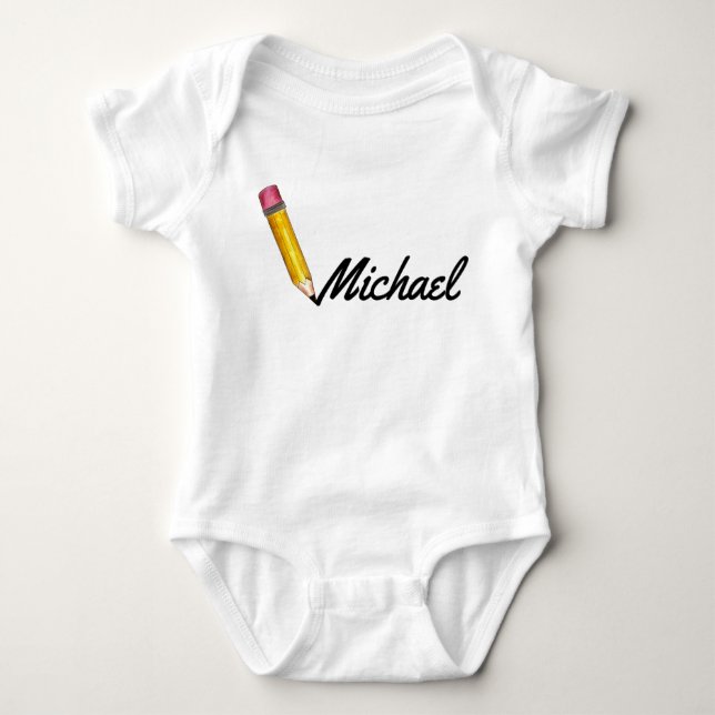 Yellow #2 School Pencil Writing Personalised Name Baby Bodysuit (Front)