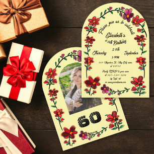 Yellow 60th Birthday Party Whimsical Doodle Flower Invitation