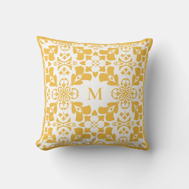 Yellow Abstract Floral Pattern Modern Monogram Cushion (Front)