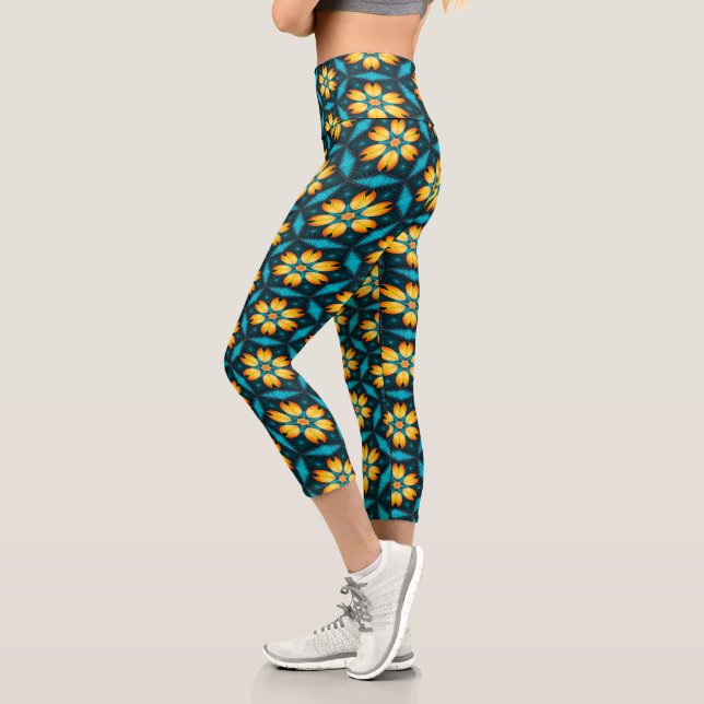 Yellow Abstract Flowers Capri Leggings (Left)