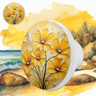 Yellow Abstract Watercolor Floral Ceramic Knob