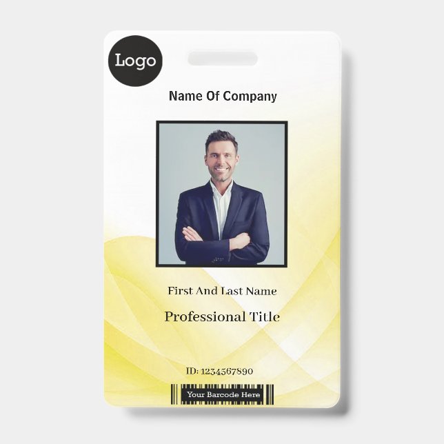 Yellow Abstract Wave Business Photo ID Badge (Front)