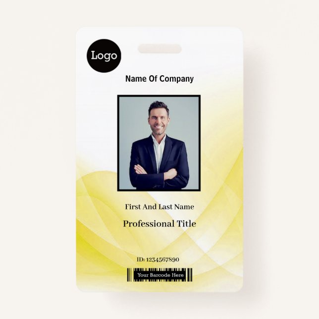 Yellow Abstract Wave Business Photo ID ID Badge (Front)