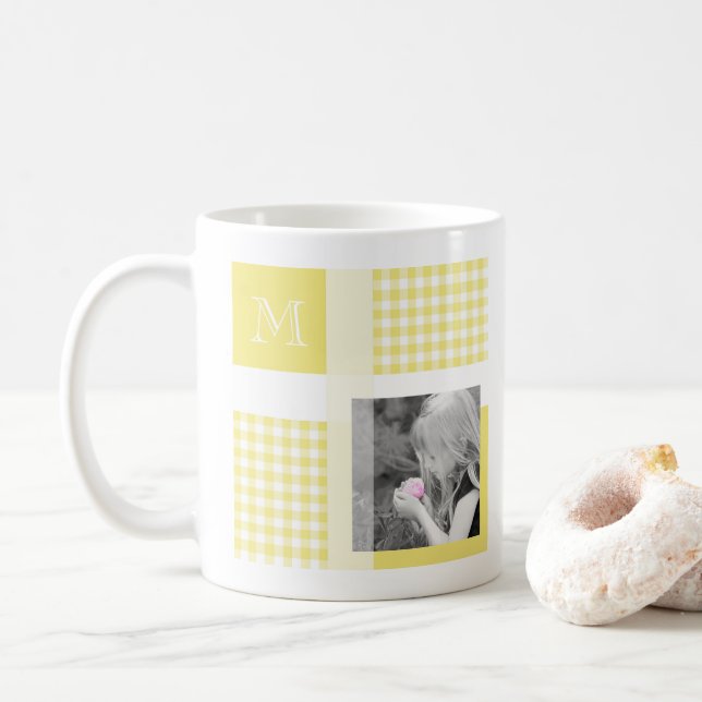 Yellow Add Your Photo Gingham Modern Monogram Coffee Mug (With Donut)