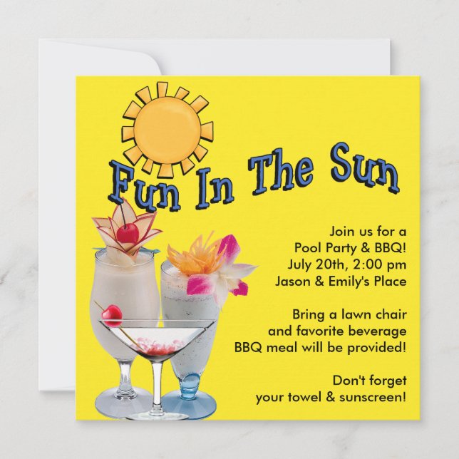 Yellow Adult Pool Party BBQ Invitations (Front)