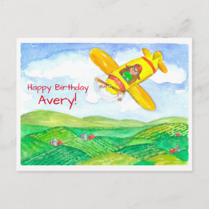Yellow Aeroplane Happy Birthday Custom Name Postcard