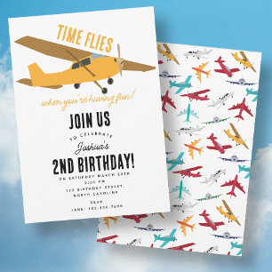 Yellow Aeroplane Kids 1st Birthday Party Time Flie Invitation