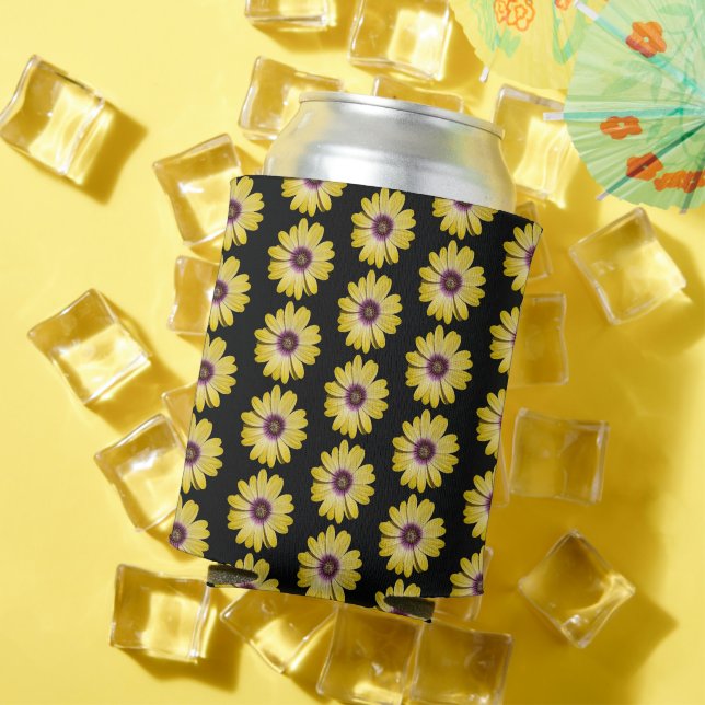 Yellow African Daisy Floral Pattern on Black Can Cooler (In Situ Summer)