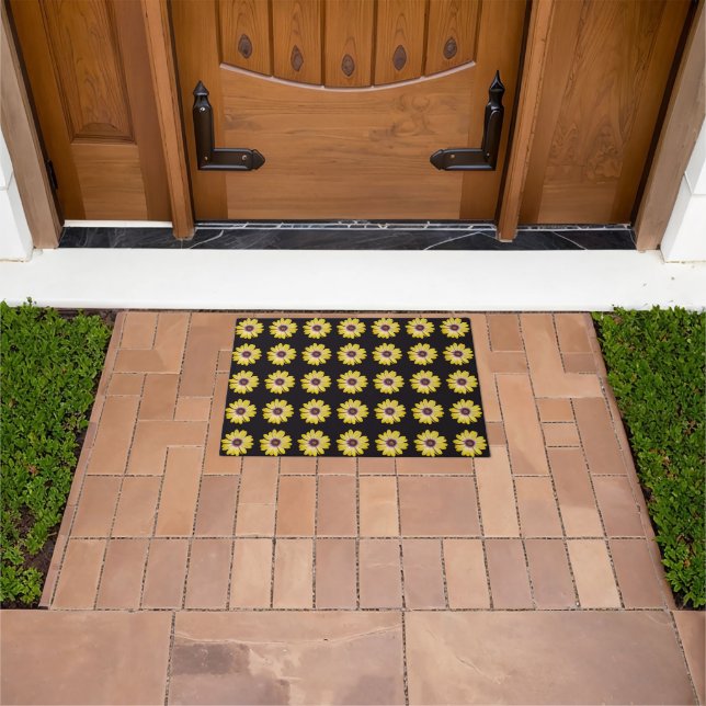 Yellow African Daisy Floral Pattern on Black Doormat (Outdoor)