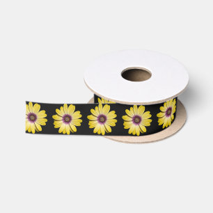 Yellow African Daisy Floral Pattern on Black Satin Ribbon