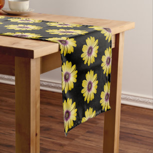 Yellow African Daisy Floral Pattern on Black Short Table Runner