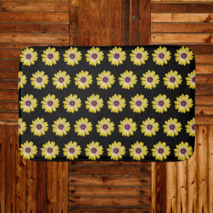 Yellow African Daisy on Black Floral Pattern Bath Mat