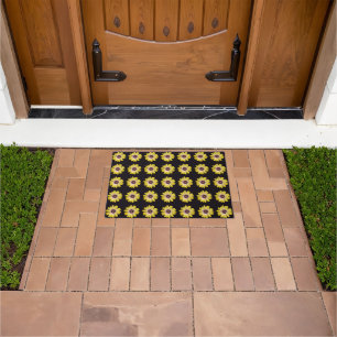 Yellow African Daisy on Black Floral Pattern Doormat