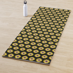 Yellow African Daisy on Black Floral Pattern Yoga Mat