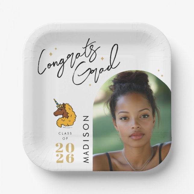 Yellow Afro Unicorn Graduation Paper Plate (Front)