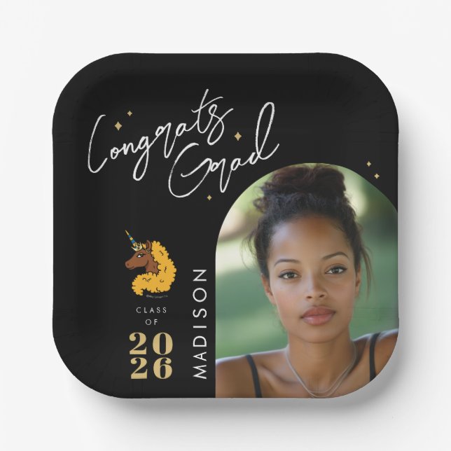 Yellow Afro Unicorn Graduation Paper Plate (Front)
