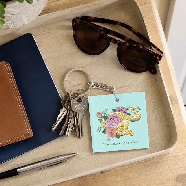 Yellow Albino Ball Python Teal Roses Key Ring (Creator Uploaded)