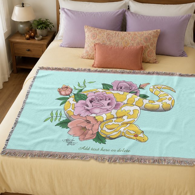 Yellow Albino Ball Python Teal Roses Throw Blanket (Creator Uploaded)