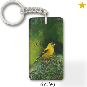 Yellow American Goldfinch Bird Painting Initials Key Ring