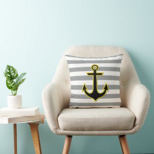 Yellow Anchor, Boat Anchor, Ship Anchor, Stripes Cushion