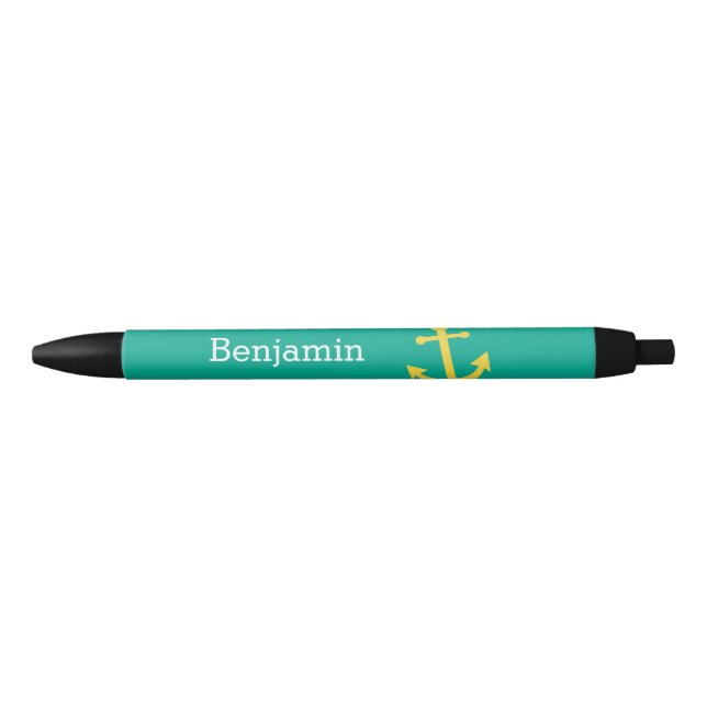 Yellow Anchor with Custom Name - Emerald Black Ink Pen (Front)