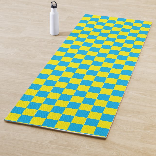 Yellow and Aqua Chequerboard Yoga Mat (In Situ)