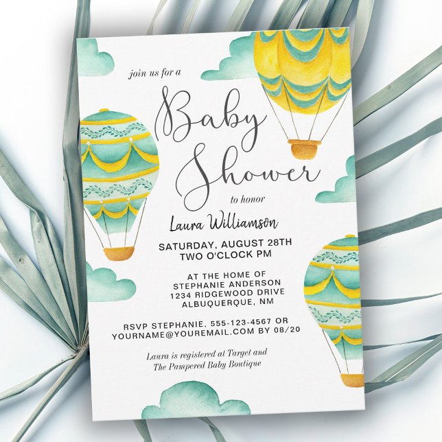 Yellow and Aqua Hot Air Balloons Baby Shower Invitation (Creator Uploaded)