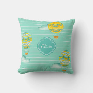 Yellow and Aqua Hot Air Balloons with Child's Name Cushion