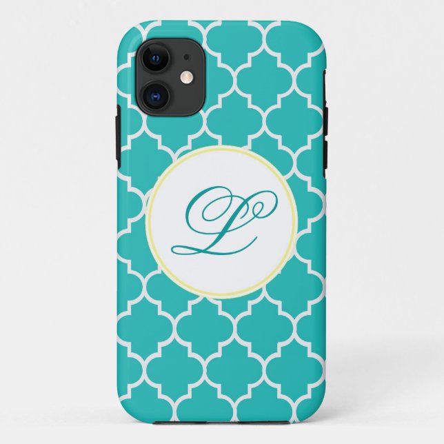 Yellow and Aqua Monogram Quatrefoil Case-Mate iPhone Case (Back)