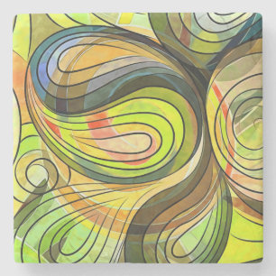 Yellow and Autumn Brown Doodle With Black Lines Stone Coaster