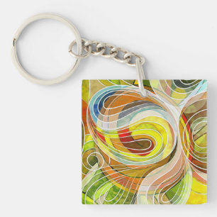 Yellow And Autumnal Brown Doodle With White Lines Key Ring