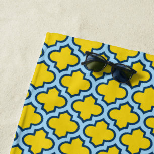 Yellow and Baby Blue Trellis, Lattice, Quatrefoil Beach Towel
