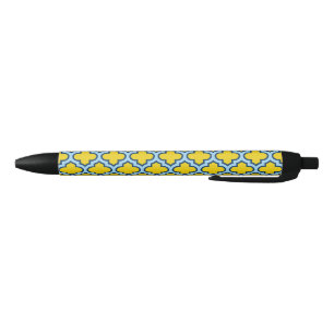 Yellow and Baby Blue Trellis, Lattice, Quatrefoil Black Ink Pen