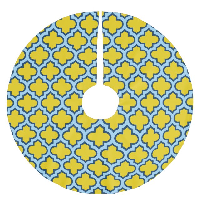 Yellow and Baby Blue Trellis, Lattice, Quatrefoil Brushed Polyester Tree Skirt (Front)
