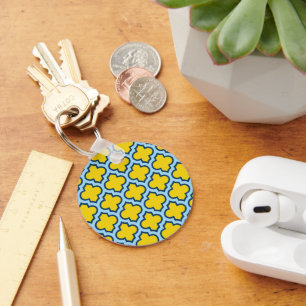 Yellow and Baby Blue Trellis, Lattice, Quatrefoil Key Ring