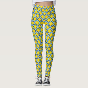 Yellow and Baby Blue Trellis, Lattice, Quatrefoil Leggings