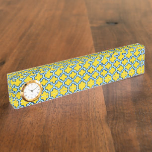 Yellow and Baby Blue Trellis, Lattice, Quatrefoil Nameplate