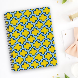 Yellow and Baby Blue Trellis, Lattice, Quatrefoil Notebook