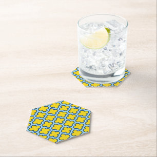 Yellow and Baby Blue Trellis, Lattice, Quatrefoil Paper Coaster