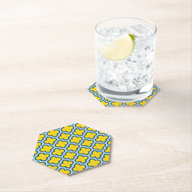 Yellow and Baby Blue Trellis, Lattice, Quatrefoil Paper Coaster (Insitu)