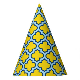 Yellow and Baby Blue Trellis, Lattice, Quatrefoil Party Hat