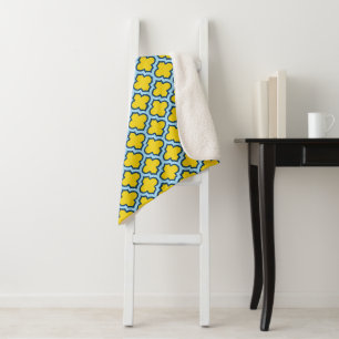 Yellow and Baby Blue Trellis, Lattice, Quatrefoil Sherpa Blanket