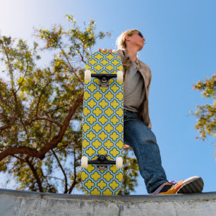 Yellow and Baby Blue Trellis, Lattice, Quatrefoil Skateboard