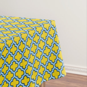 Yellow and Baby Blue Trellis, Lattice, Quatrefoil Tablecloth
