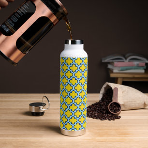 Yellow and Baby Blue Trellis, Lattice, Quatrefoil Water Bottle